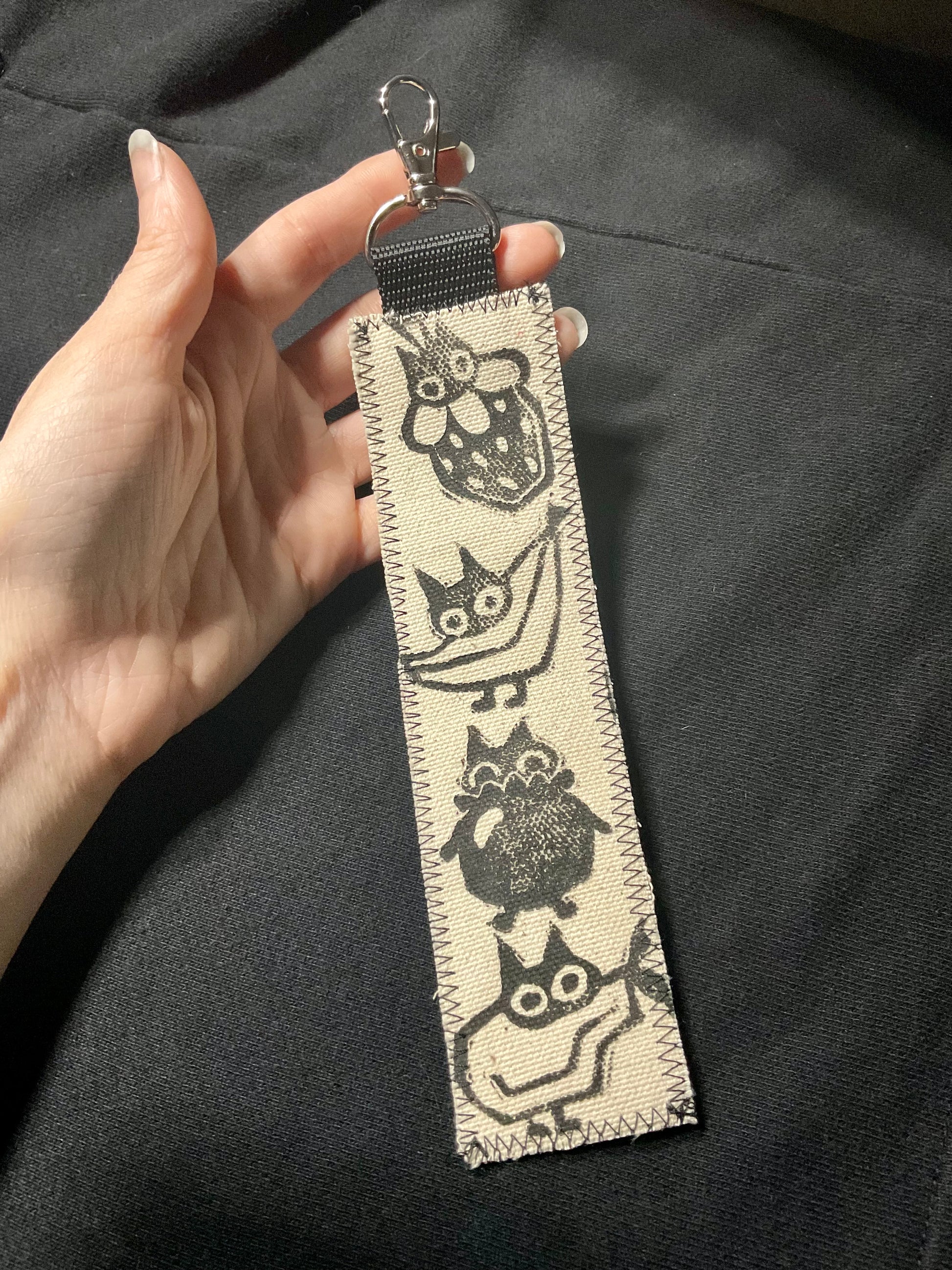 Keychain of cats as fruit printed on fabric.